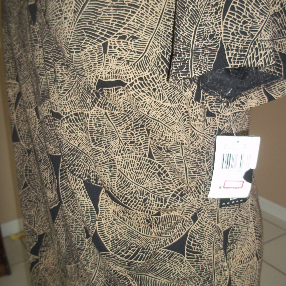 Black and Camel Leaf Design Faux Wrap Dress